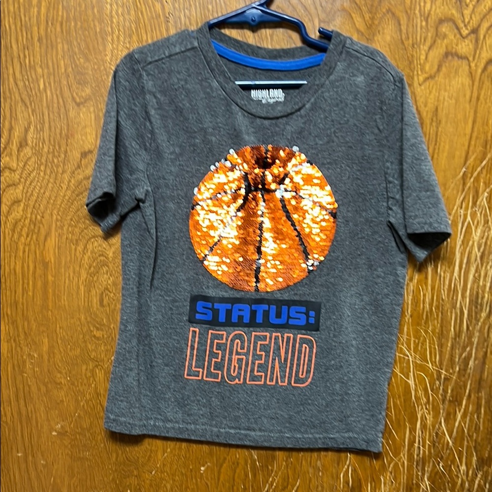 Kids Gray T-Shirt with Orange Sequin Basketball